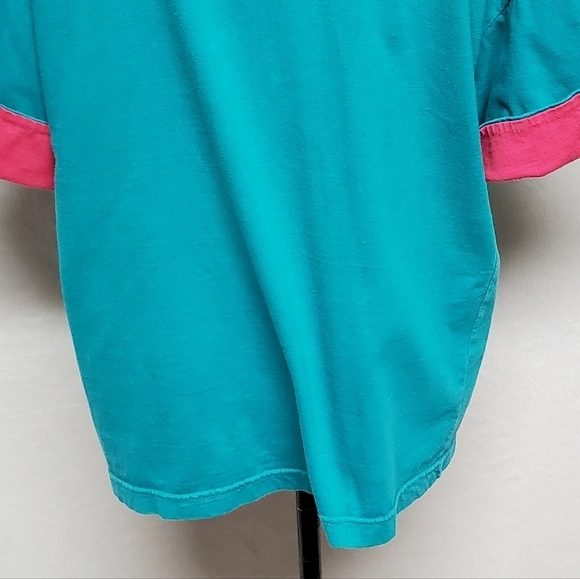 VINTAGE 90s Teal Hot Pink Oversized Boxy Cut Cuffed Short Sleeve Cropped Tee - Picture 13 of 13